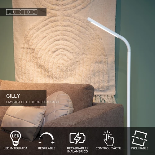 Lucide GILLY - Lámpara de lectura Recargable - Batería/acumulador - LED Regul. - 1x6W 2700K - Blanco - USP